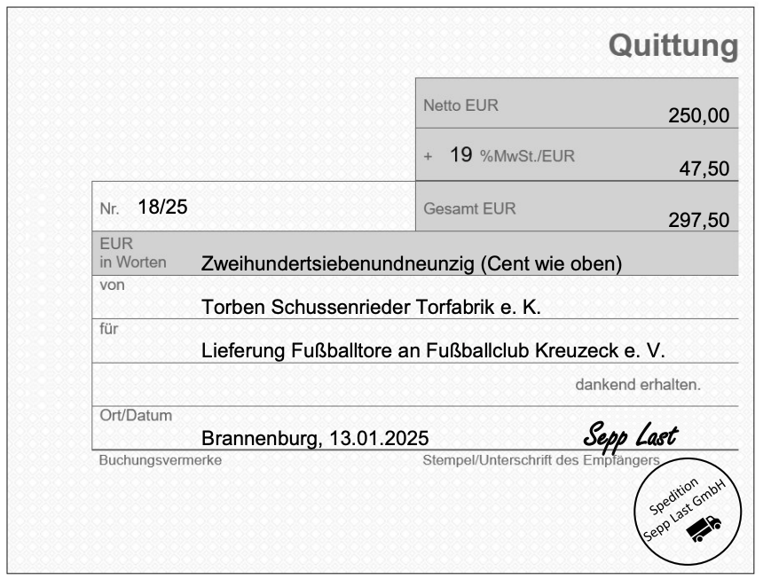 Quittung über 297,50 EUR für Fußballtore, mit Datum und Unterschrift
